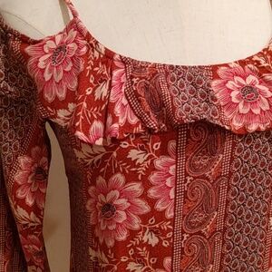 Hollister Boho Cold Shoulder Red Pink Floral Mini Short Dress Tunic Stripe XS